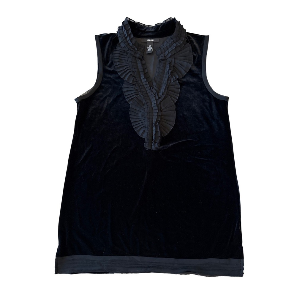 Alfani Elegant Black Ruffled Velvet Top Sleeveless Dark Romance Y2K Medium Chic